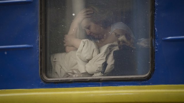 A passenger on a train in Kyiv, Ukraine