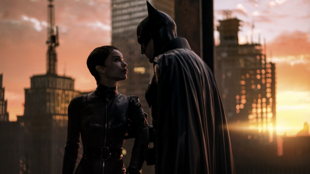 Zoe Kravitz and Robert Pattinson in a scene from "The Batman."