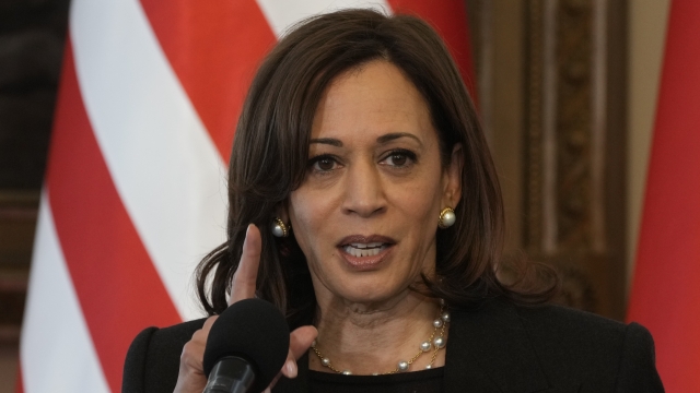 Vice President Kamala Harris speaks during a joint press conference with Poland's President