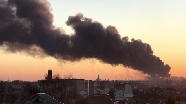A cloud of smoke raises after an explosion in Lviv, western Ukraine