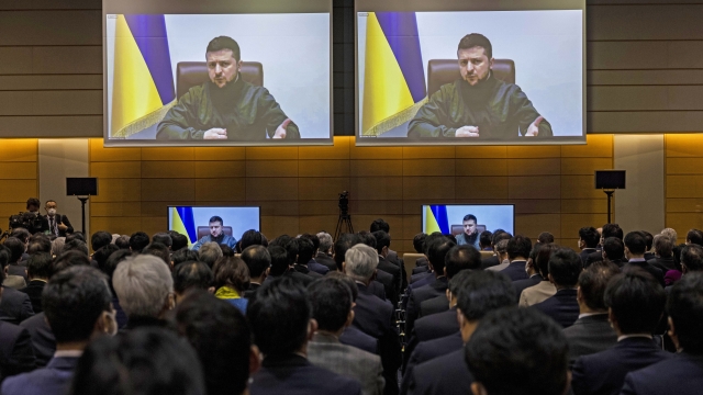 Ukrainian President Volodymyr Zelenskyy delivers a virtual address to Japanese lawmakers in Tokyo.