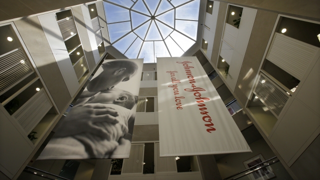Banners hang at Johnson & Johnson headquarters