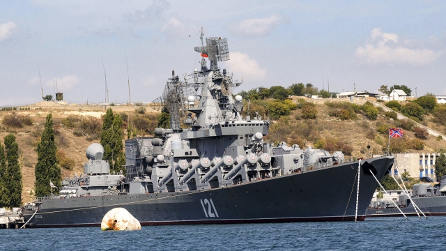 The Russian missile cruiser Moskva, the flagship of Russia's Black Sea Fleet anchored in the Black Sea port of Sevastopol