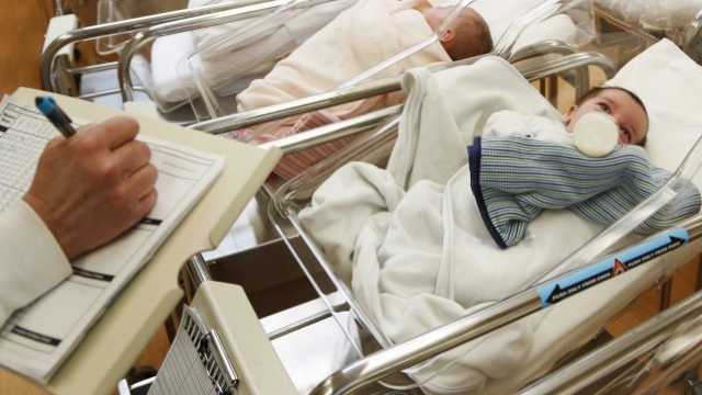 Newborn babies in a nursery.