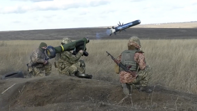 Ukrainian soldiers launch a U.S. Javelin missile