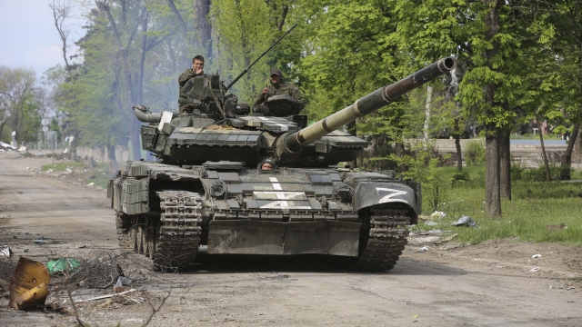 A tank rolls in Mariupol, Ukraine