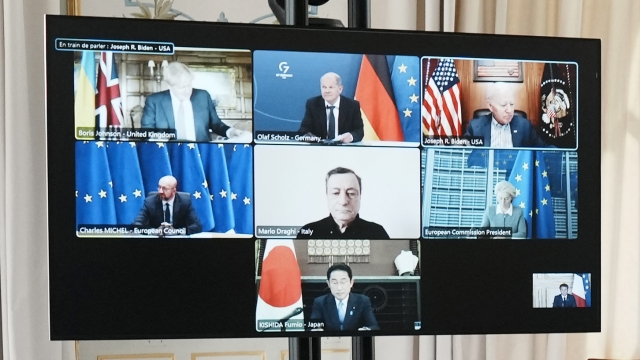 A general view of the video screen of G7 leaders during a video-conference on Ukraine.