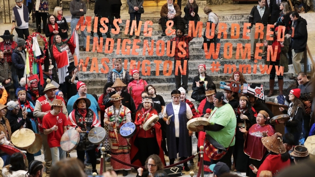 Native American tribal members sing in Washington state.