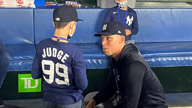 Nine-year-old Derek Rodriguez meets New York Yankees player Aaron Judge
