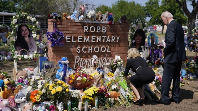President Joe Biden and first lady Jill Biden visit Robb Elementary School to pay their respects to shooting victims