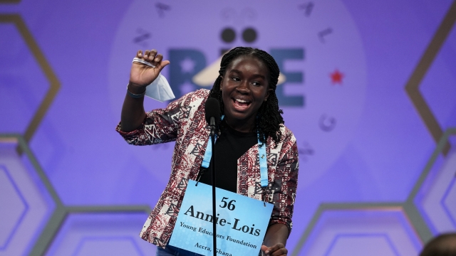 Annie-Lois Acheampong, 13, from Accra, Ghana, reacts during the Scripps National Spelling Bee
