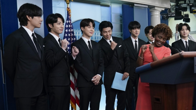 Members of the K-pop music group BTS during a White House press conference