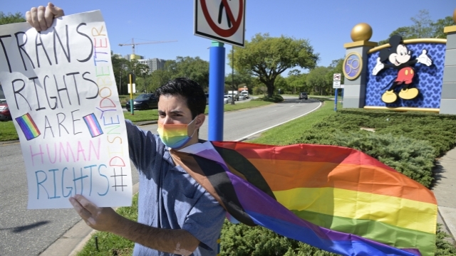 A Disney cast member protests his company's stance on LGBTQ issues while holding a sign supporting trans rights