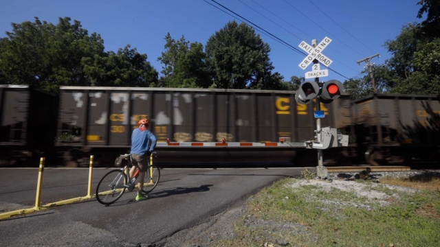 A man on a bicycle stops at a railroad crossing as a train passes.