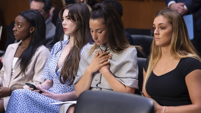 U.S. gymnasts who are suing the FBI sit during a Senate Judiciary hearing about the case.