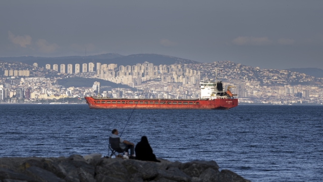 A cargo ship anchors in the Marmara Sea