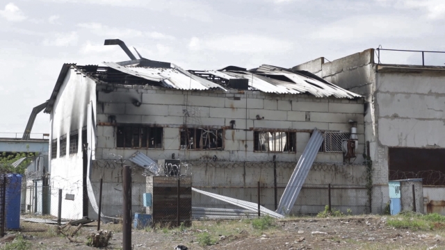 Destroyed barracks at a Ukrainian prison