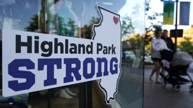 Highland Park Strong sign hangs near the Fourth of July parade shooting.