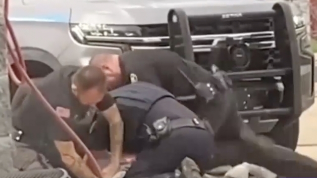 A screen grab from video shows three officers pinning a man to the ground as they beat him