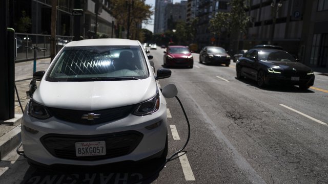 An electric vehicle is plugged into a charger in Los Angeles.