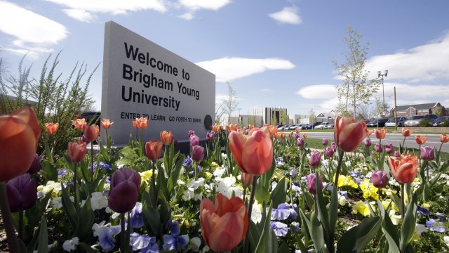A sign for Brigham Young University is shown.