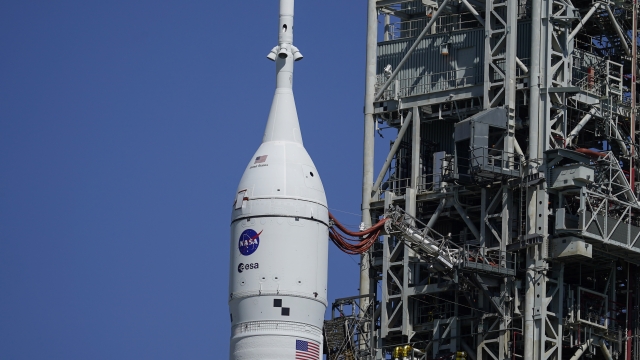 The NASA moon rocket stands at the Kennedy Space Center