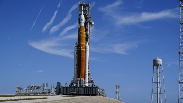 NASA's new moon rocket sits on Launch Pad 39-B.