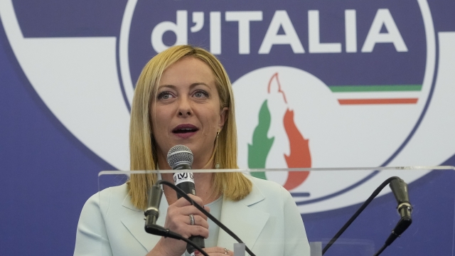Far-Right party Brothers of Italy's leader Giorgia Meloni speaks to the media