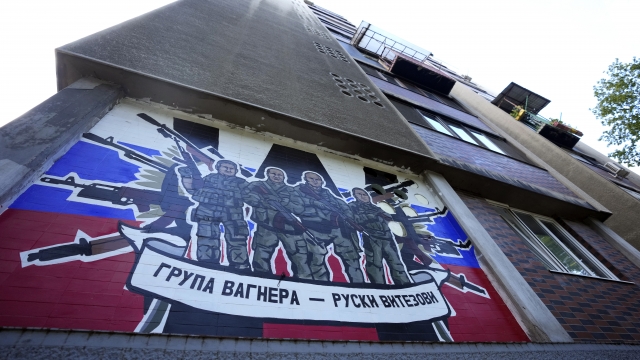 A mural depicts mercenaries of Russia's Wagner Group.