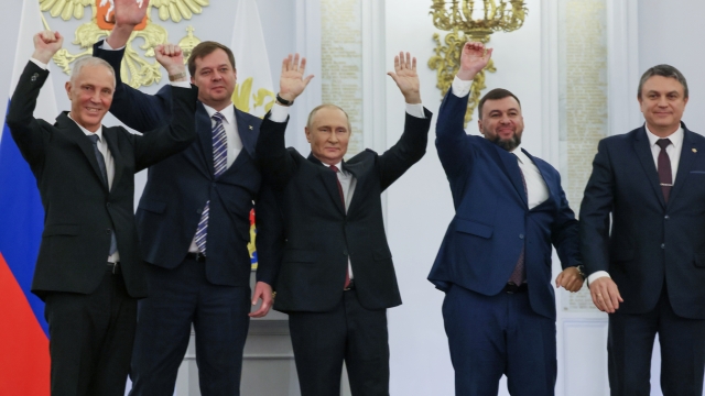 Russian President Vladimir Putin joined by the leaders of four separatist regions of Ukraine.