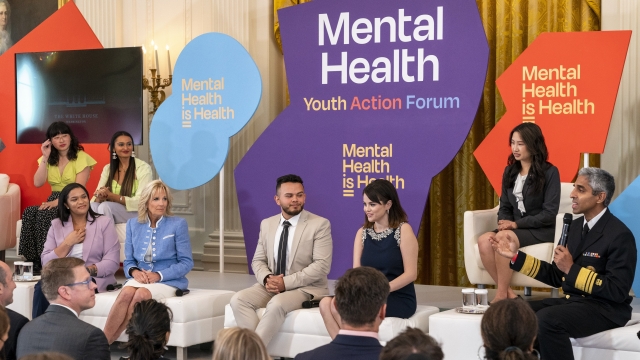 Front row from left, youth mental health leader Ayanna Kelly, first lady Jill Biden, youth mental health leader Juan Acosta