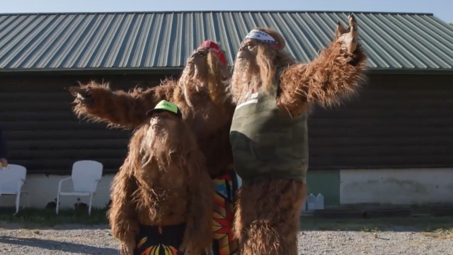 People stand in Bigfoot costumes.