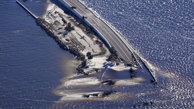 Damage from Hurricane Ian is seen on the causeway leading to Sanibel Island from Fort Myers, Fla.