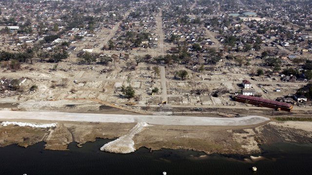 Repairs continue on a large section where the levee broke during Hurricane Katrina.