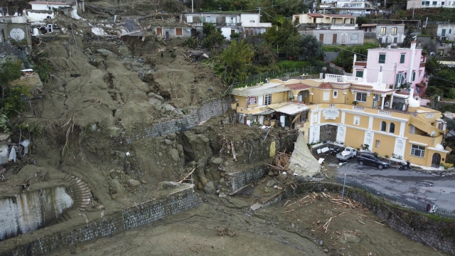An aerial view of damaged houses after heavy rainfall triggered landslides.