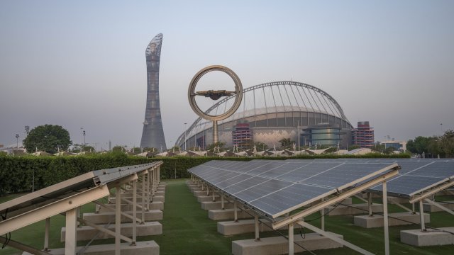 Solar panels sit in front of Khalifa International Stadium in Qatar.