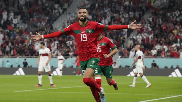Morocco's Youssef En-Nesyri celebrates after scoring his side's first goal during the World Cup quarterfinals.