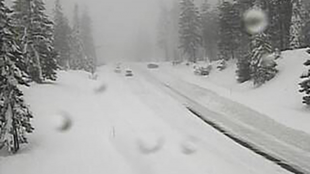 Snow conditions on California SR-89 Snowman in Shasta-Trinity National Forest, California.