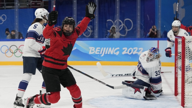 Canada's Sarah Nurse celebrates a goal during a game.