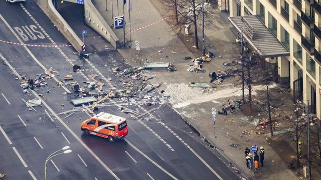 Debris lay in front of a hotel in Berlin, Germany