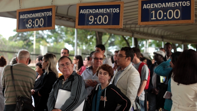 People line up to apply for visas at the U.S. embassy in Brazil.