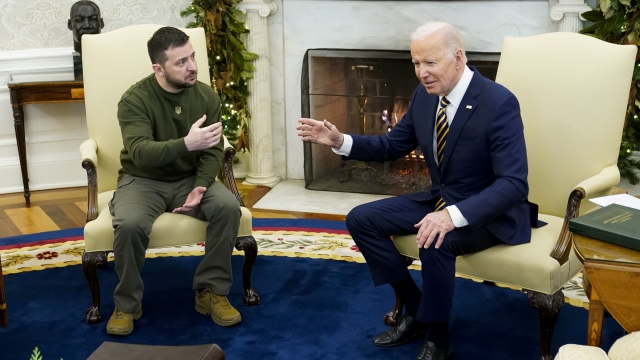 President Joe Biden speaks with Ukrainian President Volodymyr Zelenskyy as they meet in the Oval Office of the White House