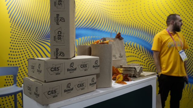 Packaging made from leaves is on display at the Releaf Paper booth