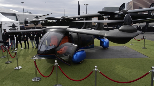 A functional prototype of the ASKA A5 VTOL flying car is on display during the CES tech show