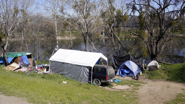 A variety of shelters make up one of the homeless camps along the American River Parkway in Sacramento, Calif.