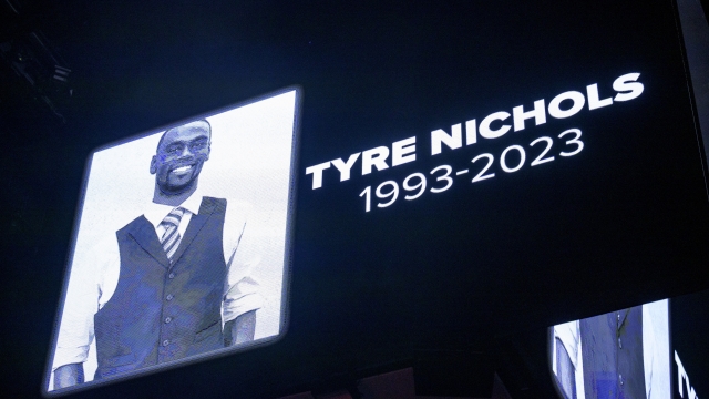 Screen honors Tyre Nichols before an NBA game.