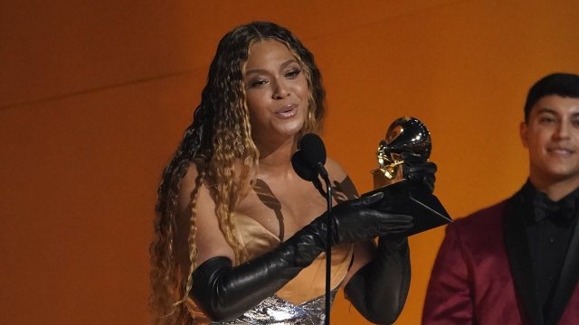 Beyoncé accepts a Grammy award for best dance/electronic music album for "Renaissance"