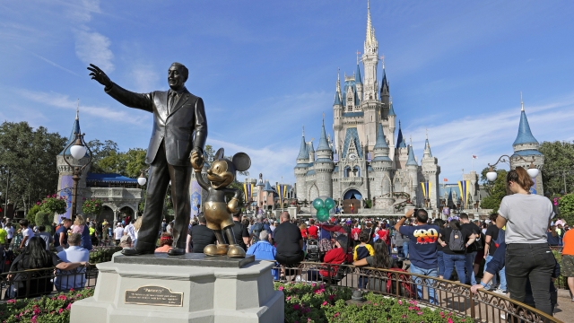 A statue of Walt Disney and Micky Mouse in front of the Cinderella Castle at the Magic Kingdom at Walt Disney World