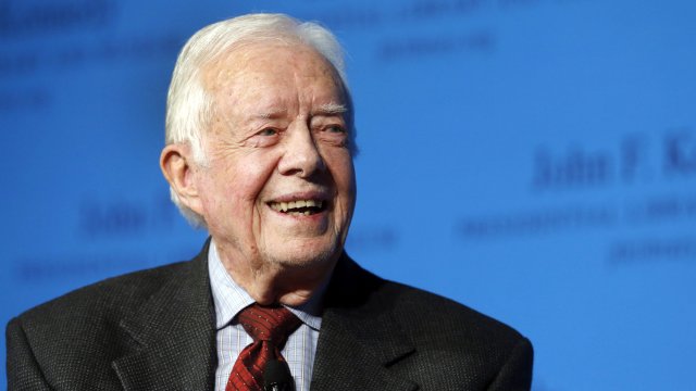 Former President Jimmy Carter speaks during a forum at the John F. Kennedy Presidential Library and Museum in Boston