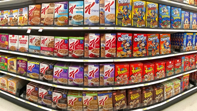 A variety of breakfast cereal at the grocery store.